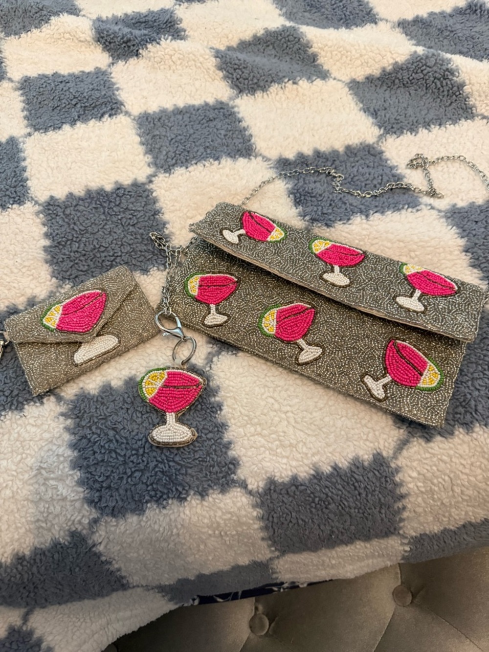 Beaded Silver Clutch, Card Holder & Keychain Set with Pink Cocktail Motifs
